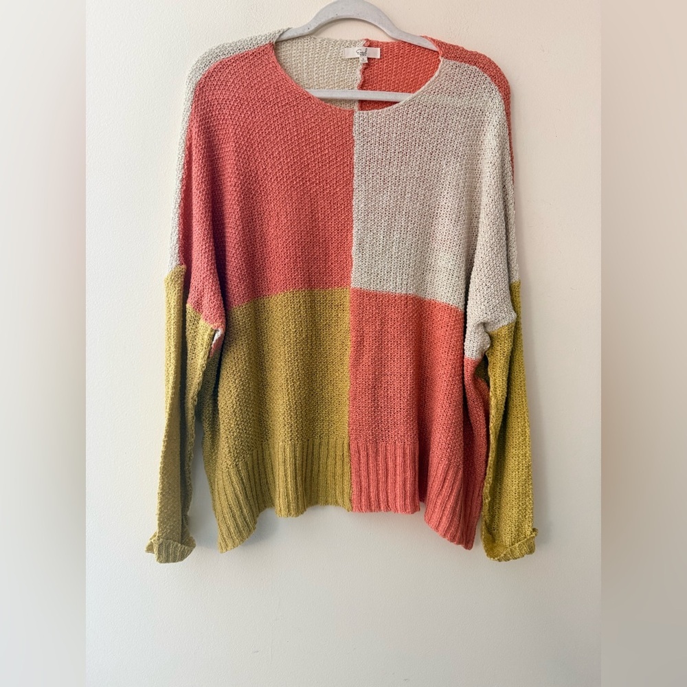 Easel Multicolor Knit Colorblock Sweater, Pink, Cream, Yellow, size S